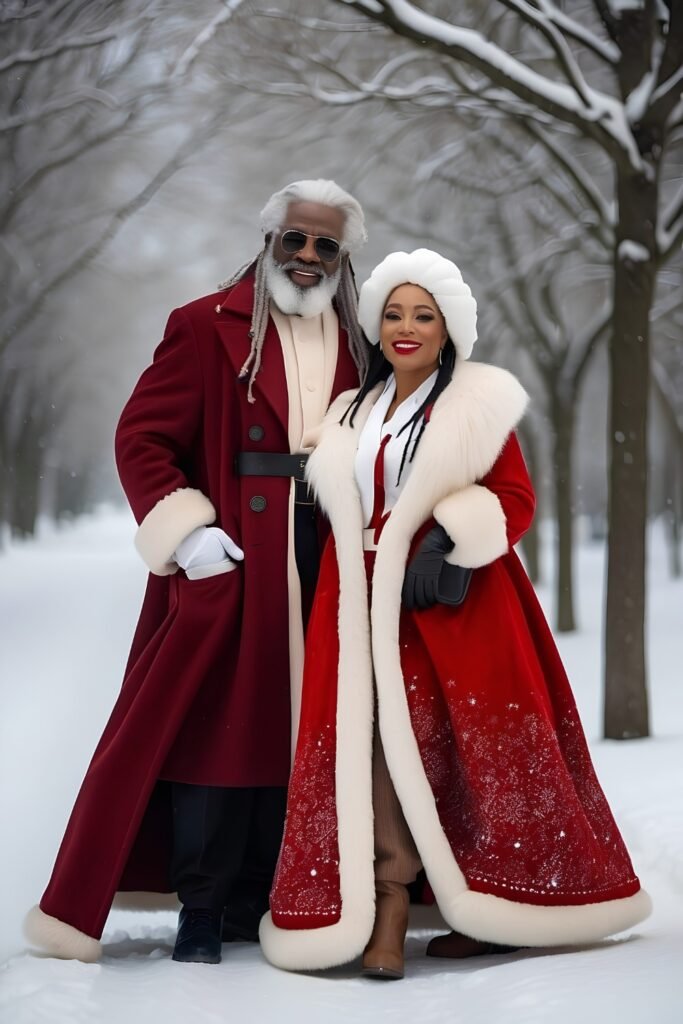 Couple in long red velvet Santa-style coats in the snow