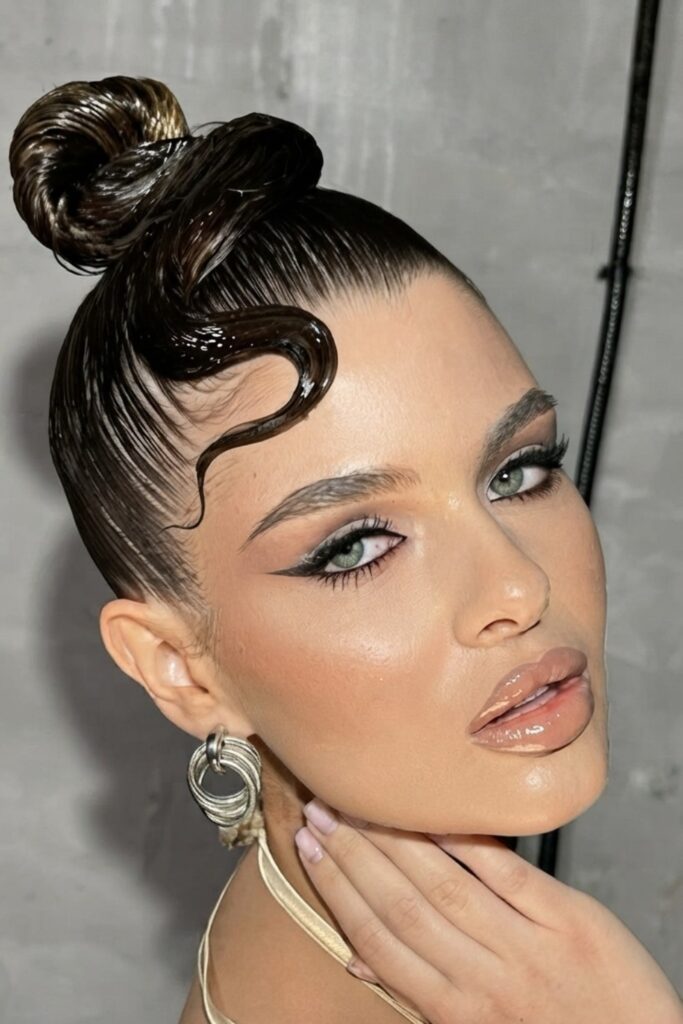 Sculptural wet-look bun