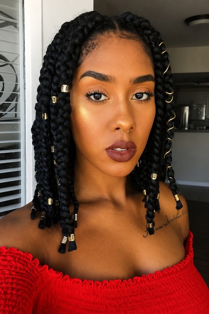 Shoulder-length braids with a centre part and gold cuffs