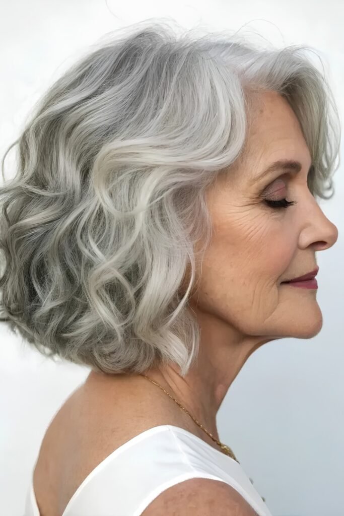 Side-Swept Silver Curly Bob