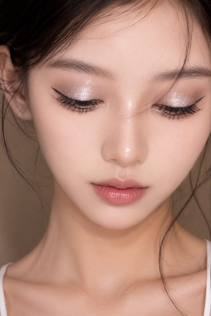 Woman with closed eyes showing silver foil eyeshadow