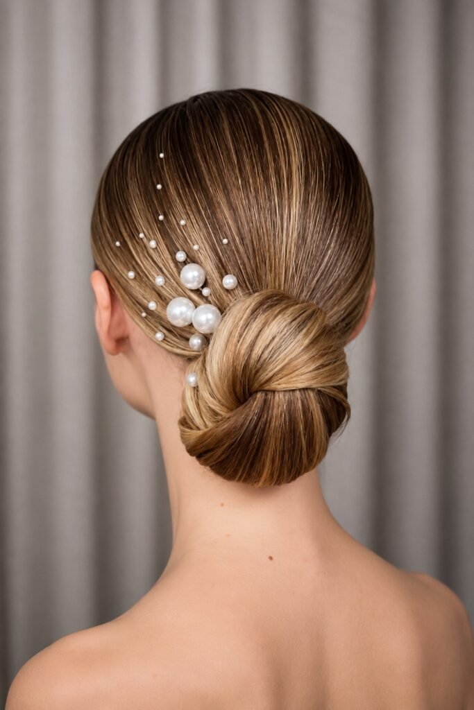 Sleek Low Chignon with Pearl Pins