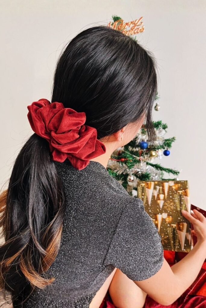 Soft Curls with Velvet Scrunchie Low Pony