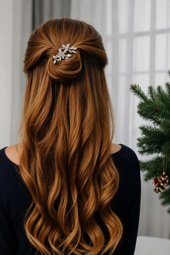 Soft Half-Up Bun with Festive Hairpin