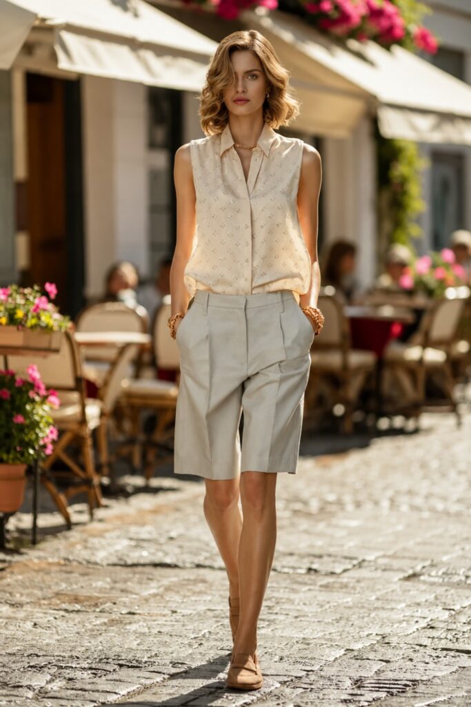 Tailored shorts with a silk blouse and loafers