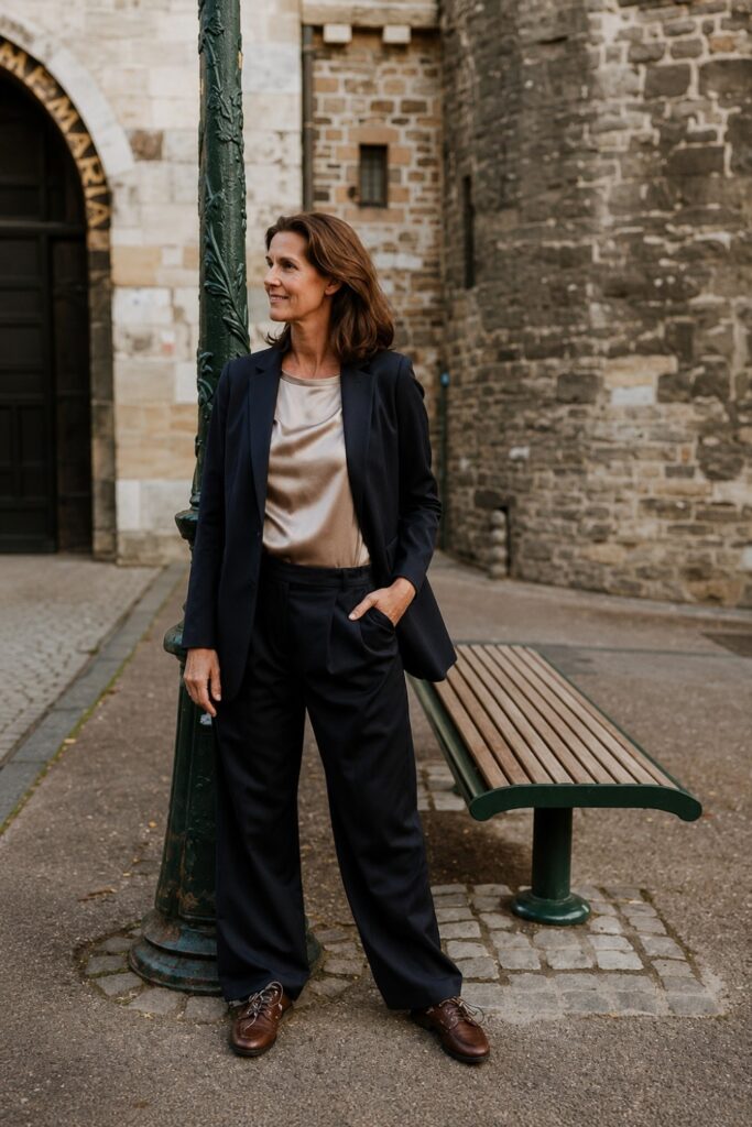 Tailored wide-leg trousers with a fitted blazer