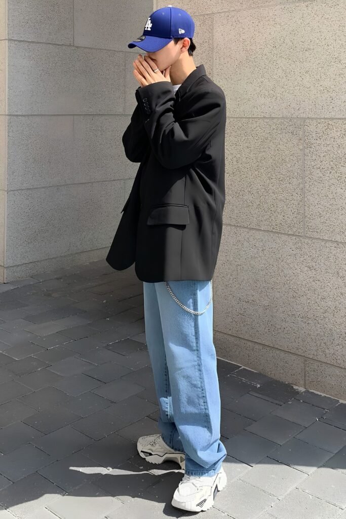 Tee Under Oversized Blazer, Baggy Denim, Retro Sneakers, Baseball Cap