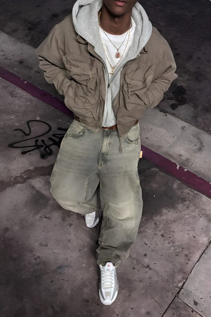 Varsity Jacket, Plain Tee, Barrel-Leg or Balloon Jeans, Chunky Sneakers