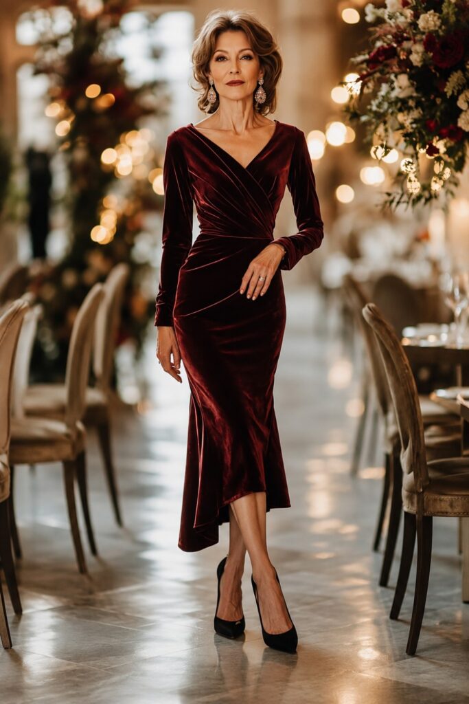 Velvet midi dress with statement earrings