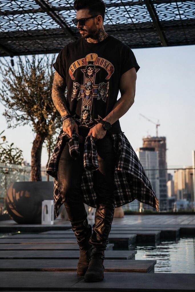 Vintage Band Tee, Open Dark Flannel, Black Relaxed Jeans, Boots