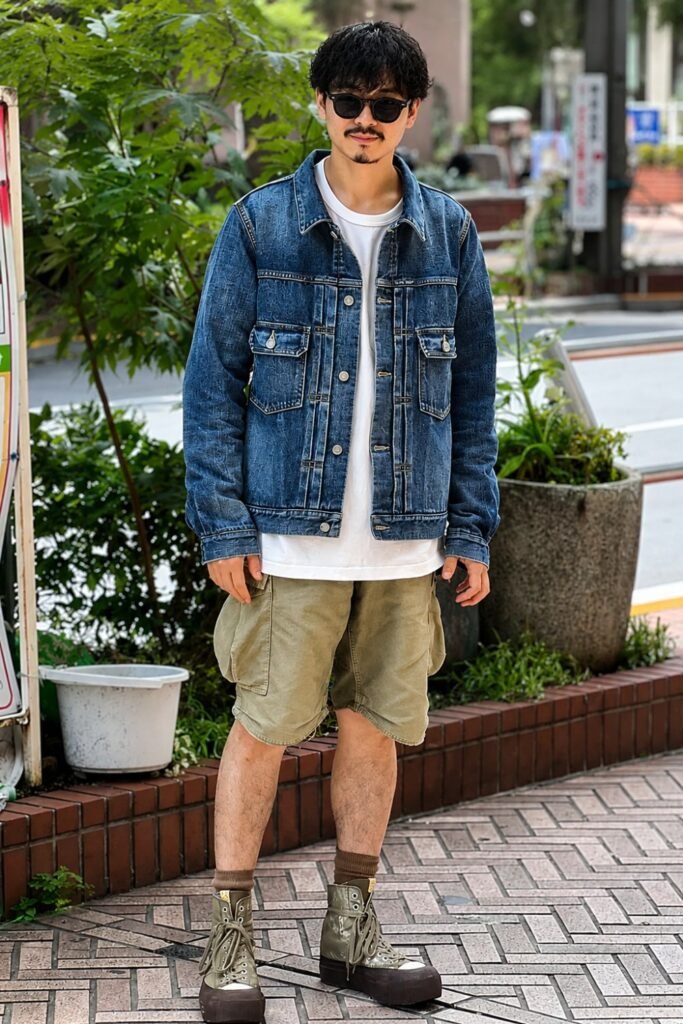 Vintage Denim Jacket, Graphic Tee, Cargo Shorts, Skate Shoes