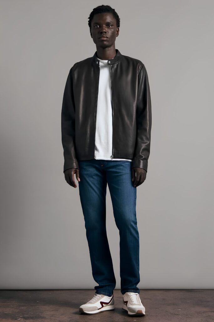 Vintage Leather Jacket, Plain White Tee, Straight Jeans, Retro Runners