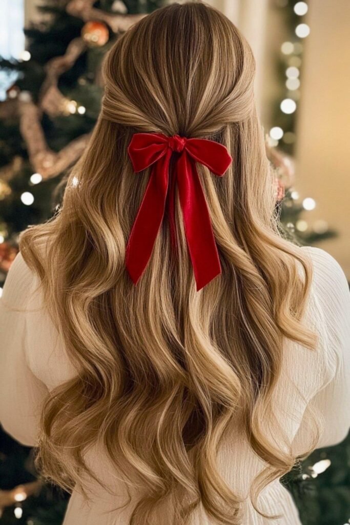 Voluminous Christmas Blowout with Red Ribbon