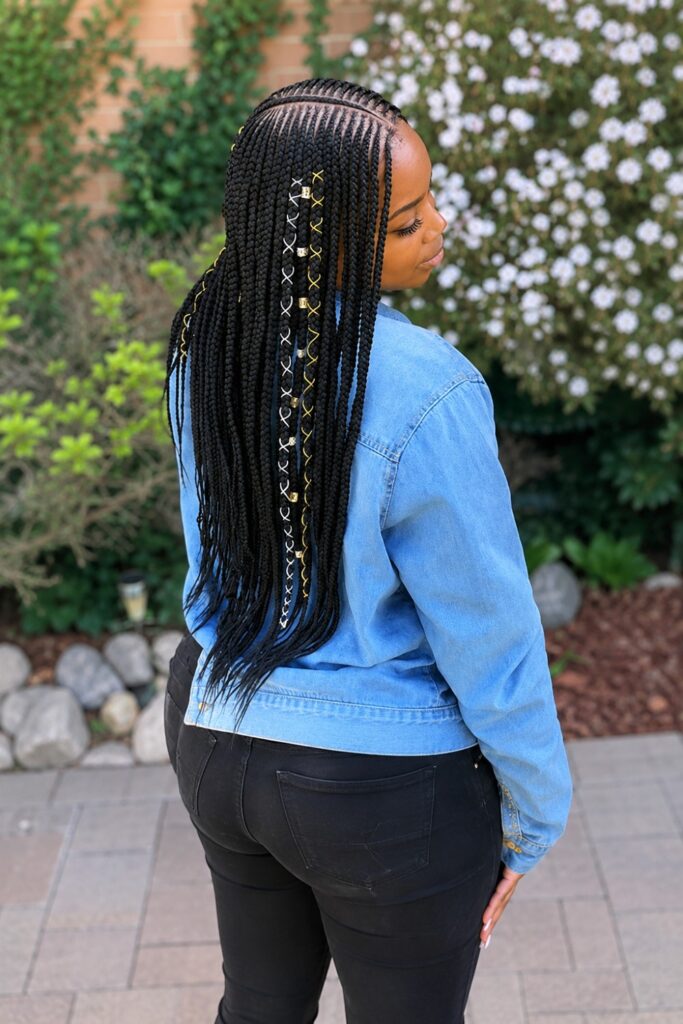 Waist-length braids with gold rings