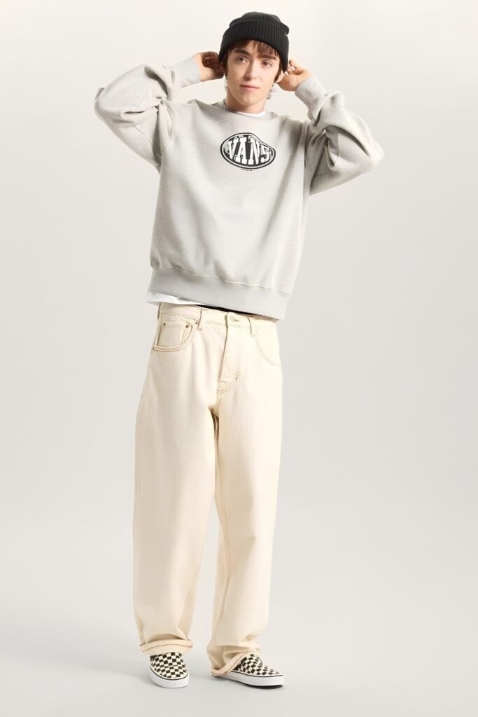 Washed Crewneck Sweatshirt, Straight-Leg Jeans, Vans, Beanie