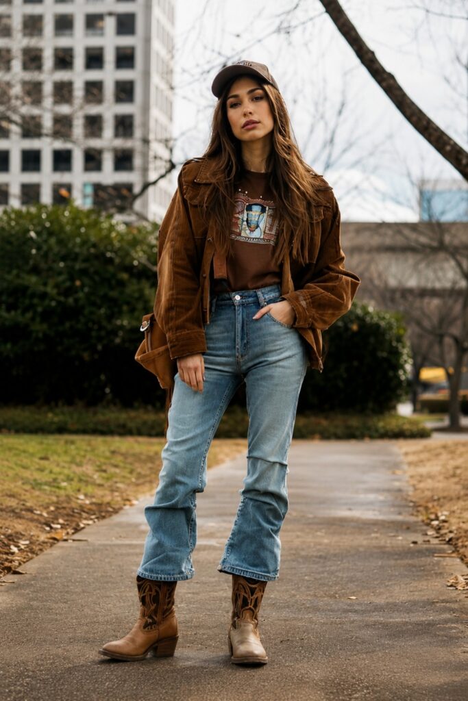 Washed barn jacket with a band tee and platform boots