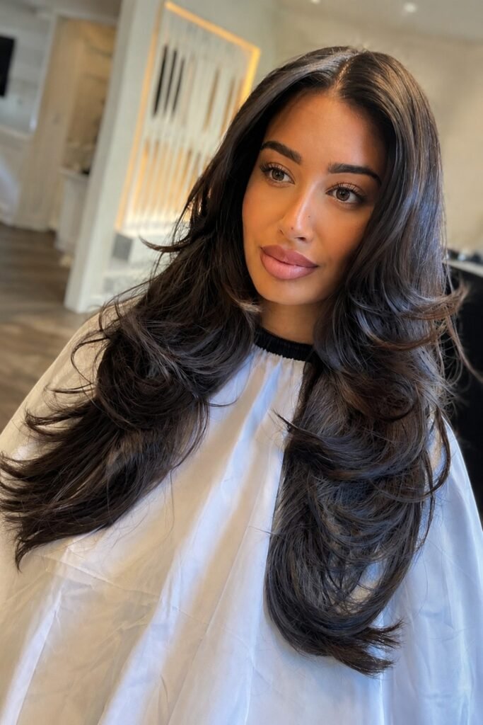 Wavy Black Hair Shag with Face Frames