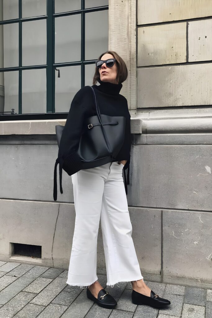 Wide-leg jeans with a fitted turtleneck and loafers