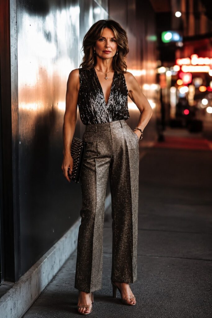 Wide-leg trousers with a sequin top and flats