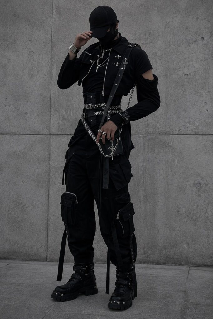 All-black outfit with utility hardware