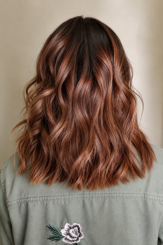Auburn balayage on wavy hair