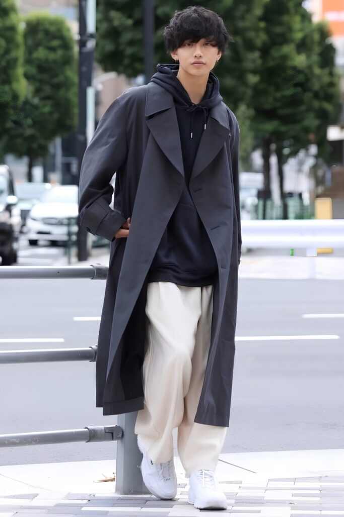 Black hoodie under a black trench coat