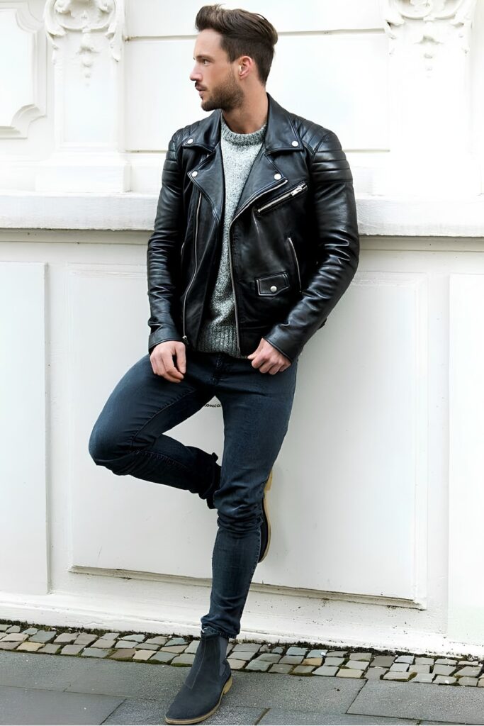 Black leather jacket with a knit and black denim
