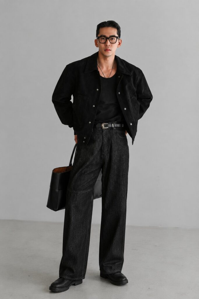Black suit with a cropped trucker jacket