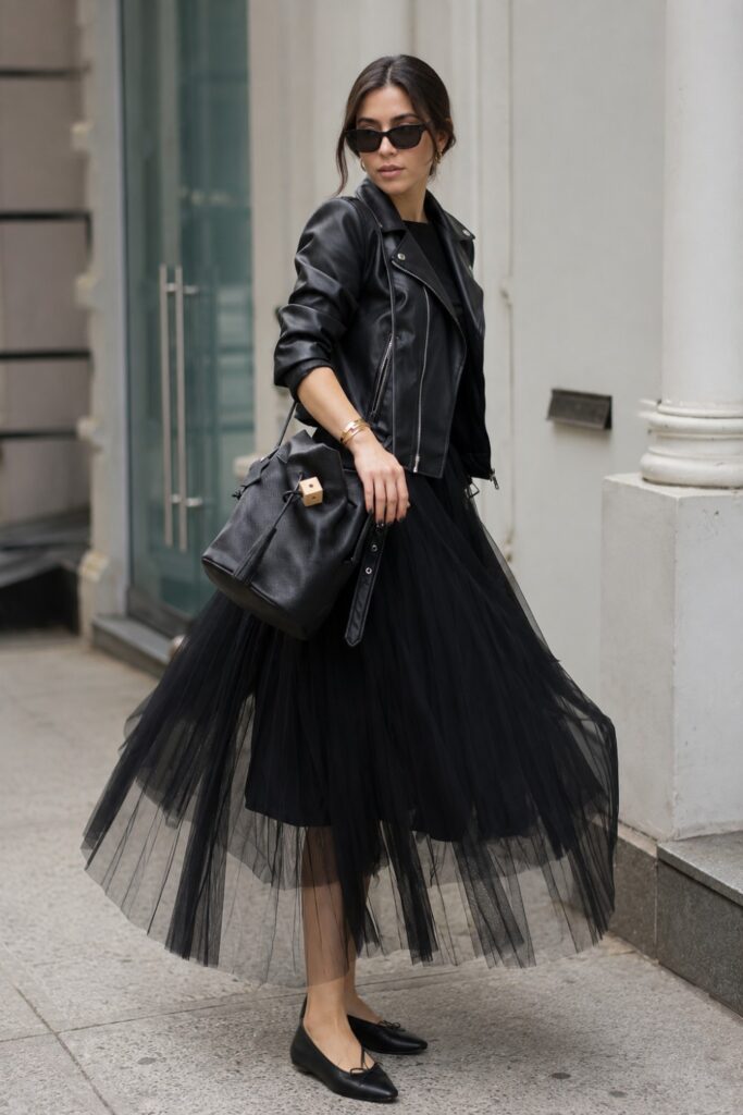 Black tulle skirt with a leather jacket