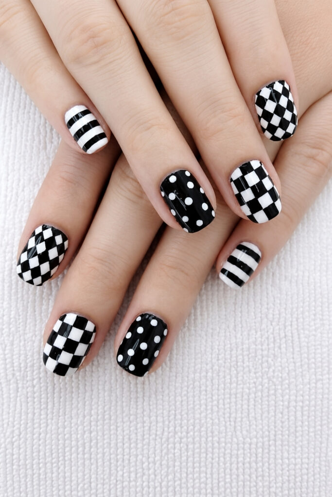 Black and white graphic nail art