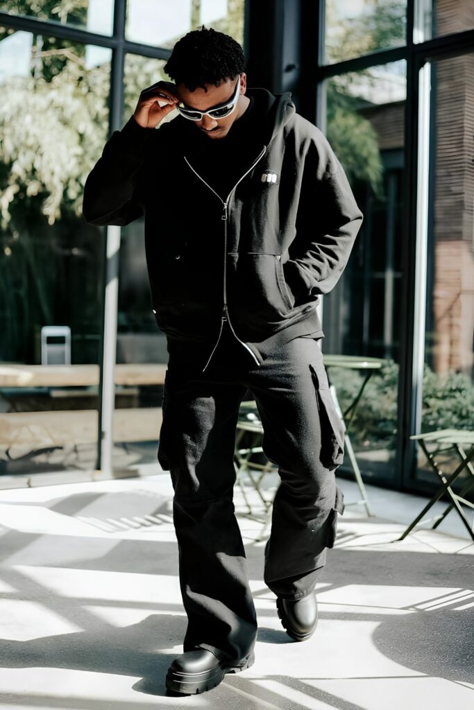 Boxy black hoodie with cargos and chunky boots