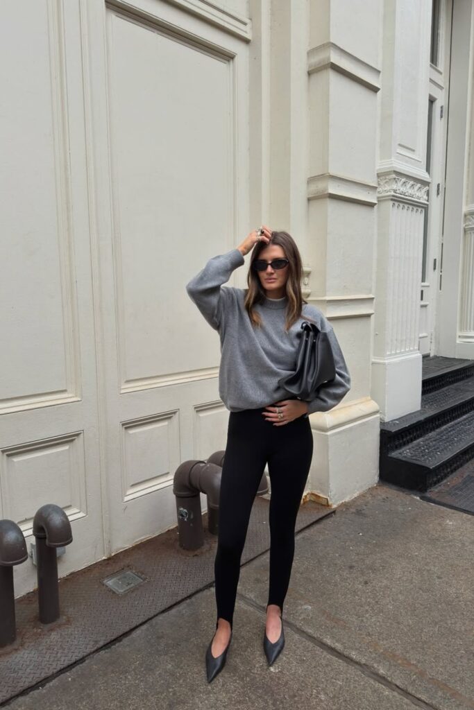 Charcoal knit over a black bodysuit