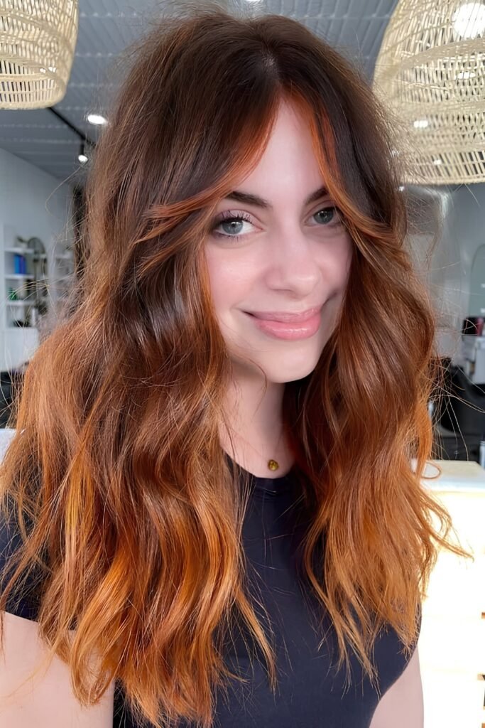 Copper Balayage With Curtain Bangs