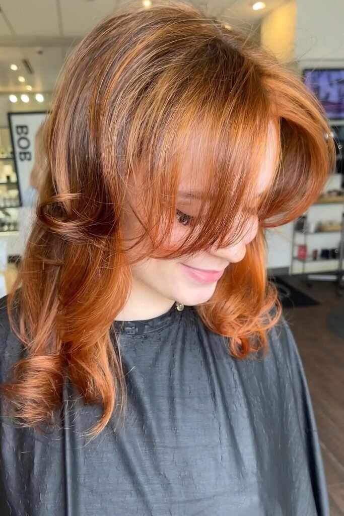 Copper Lob With Curtain Bangs