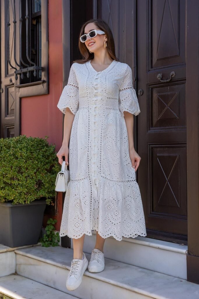Eyelet Cotton Dress With Sneakers