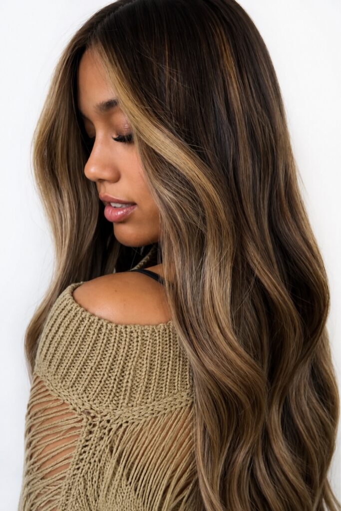 Face-framing highlights on long hair
