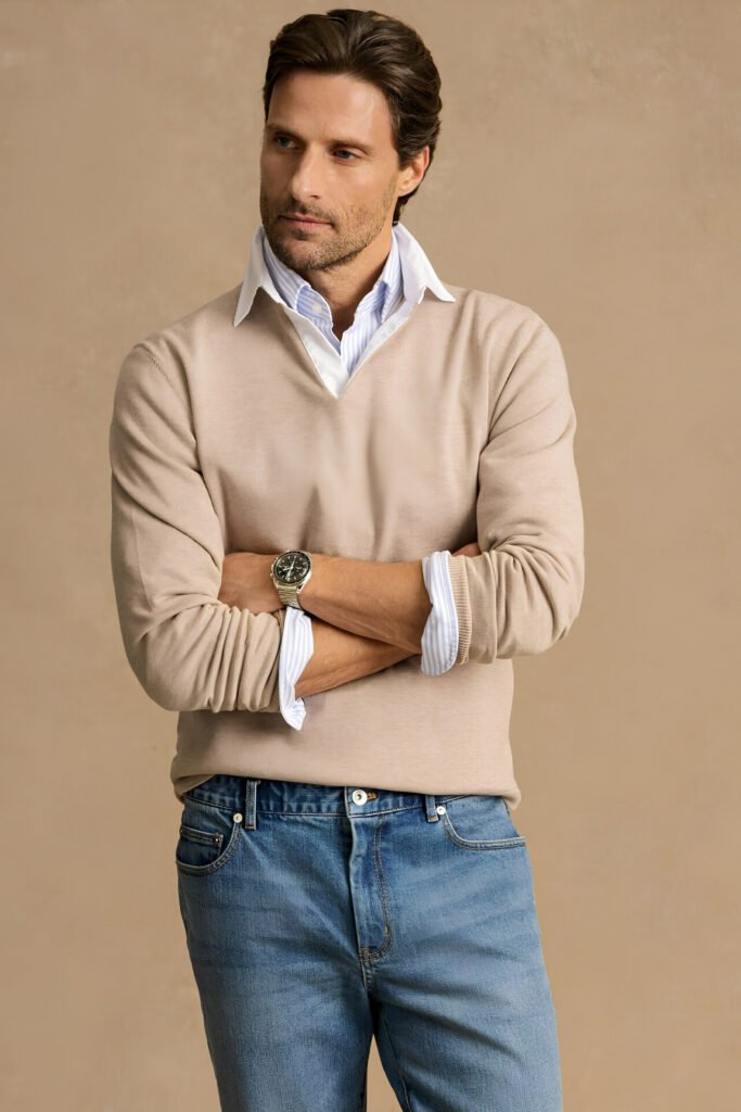 Fine Knit Over a Collared Shirt