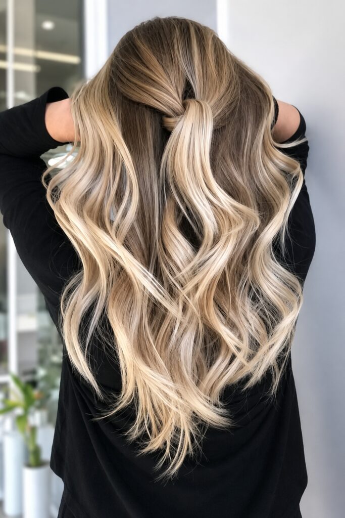 Foilyage highlights on long dark hair
