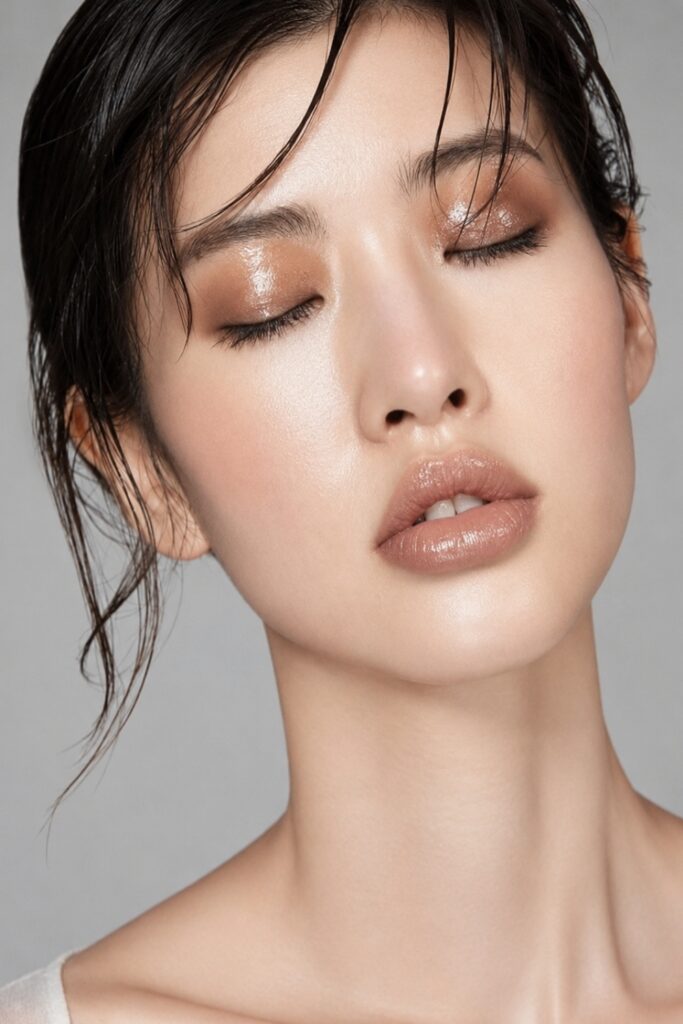 Glossy lids over neutral eyeshadow