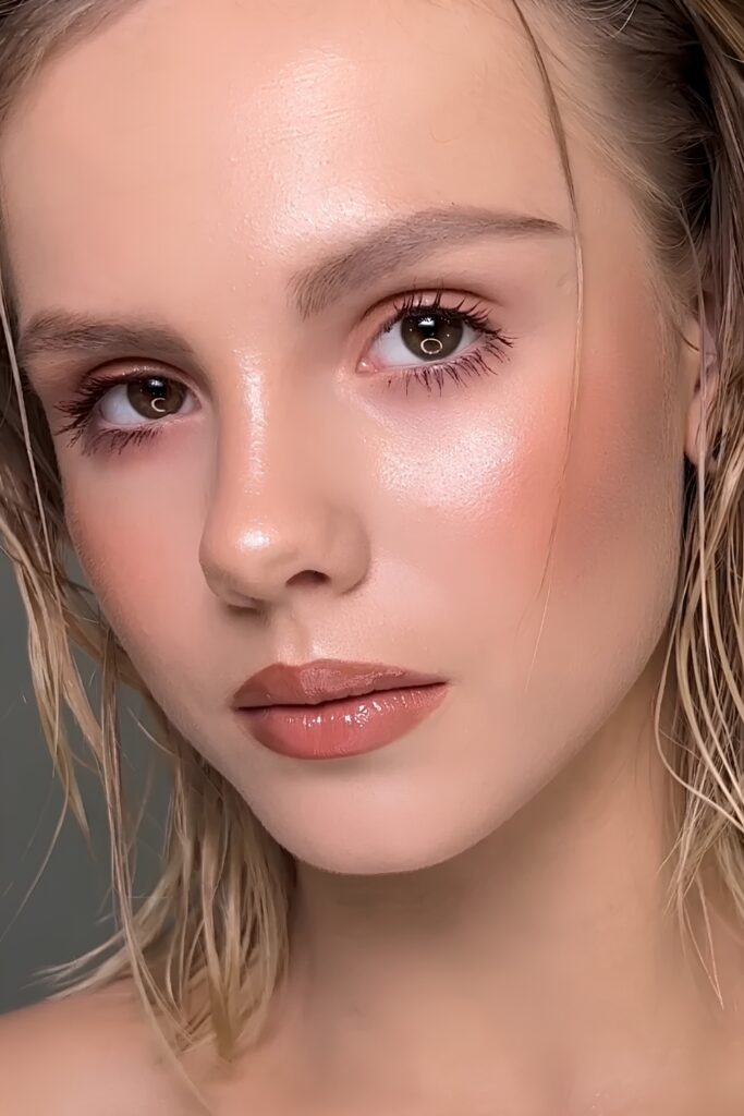 Glossy nude lip with a glowing face