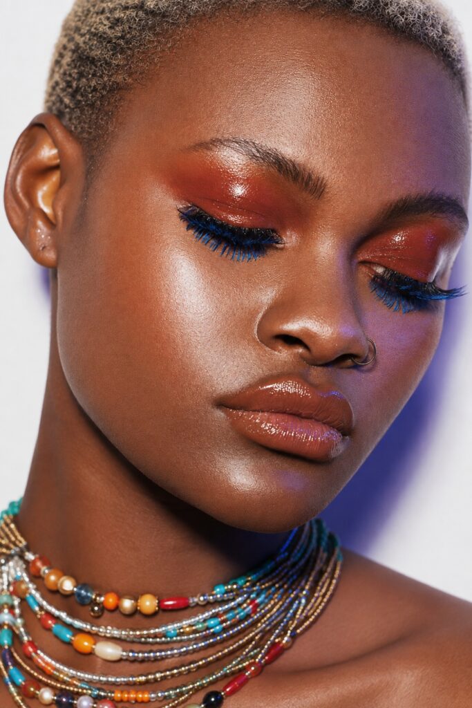 Glossy skin with a bold eye