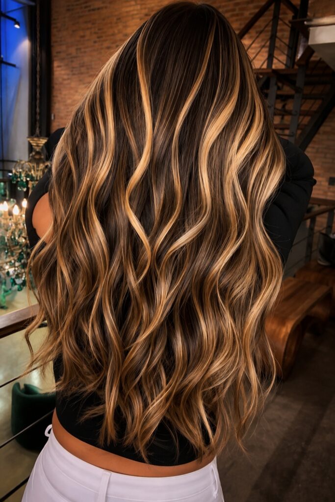 Golden blonde highlights on brown hair