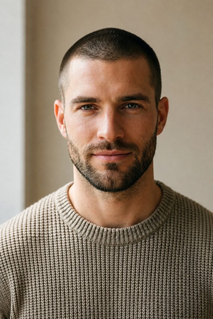 Heavy stubble with a buzz cut