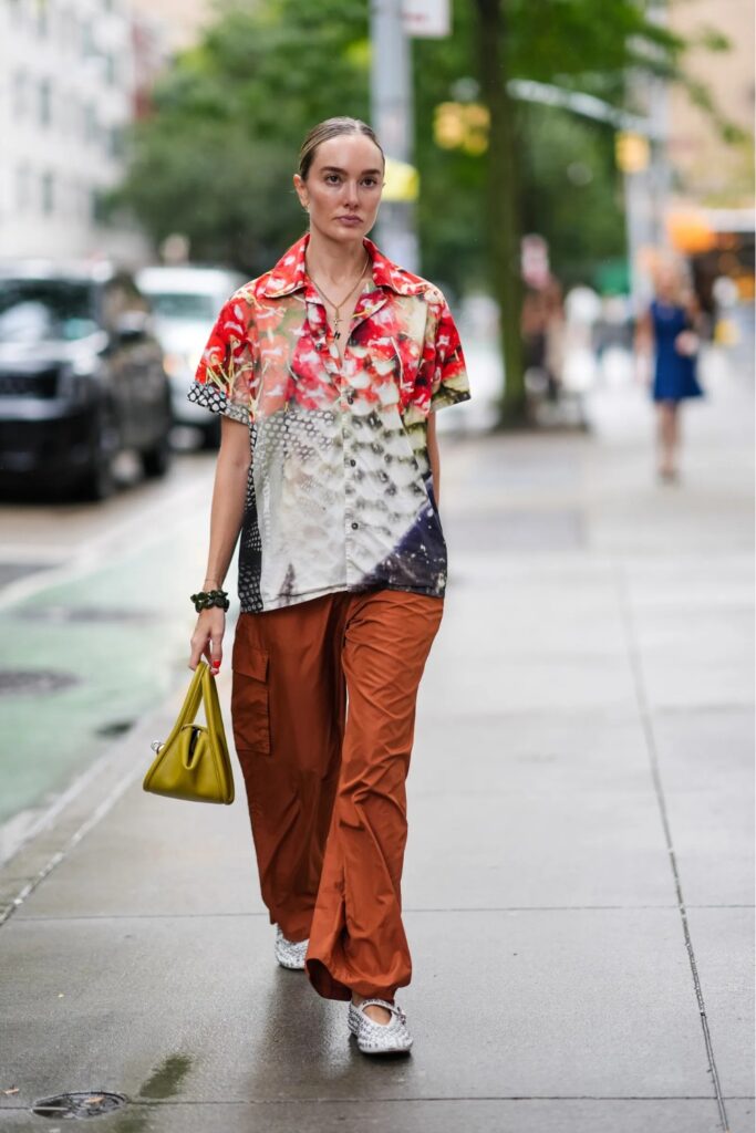 Satin flats with cargo trousers