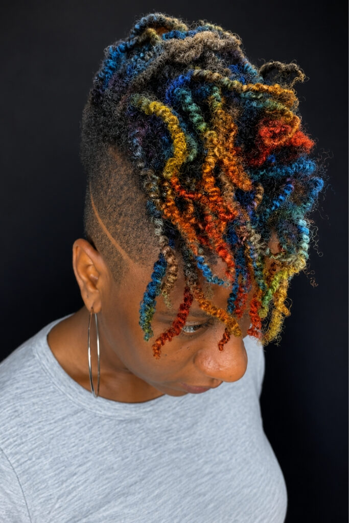 Hair with bright coloured streaks and panels