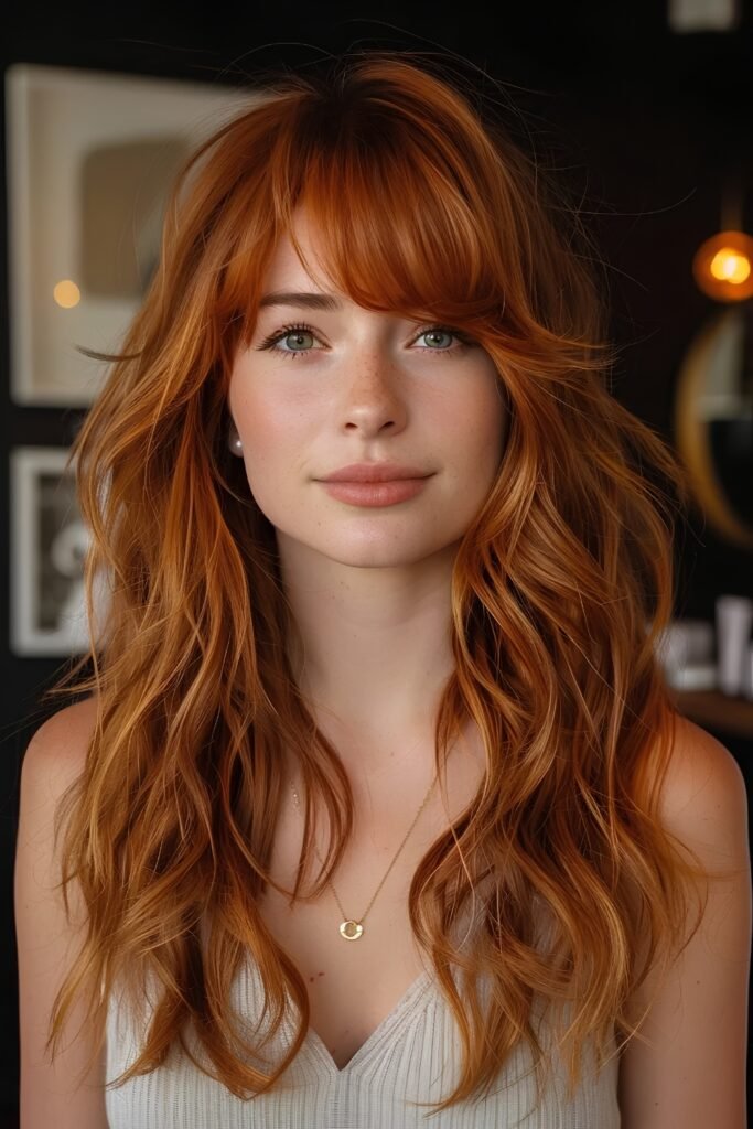 Tousled Copper Curtain Bangs