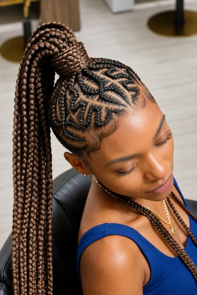 Tree Cornrows Into a High Ponytail