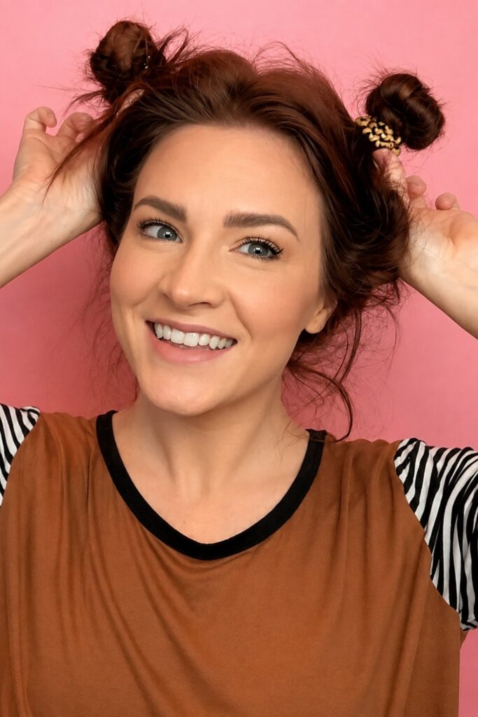 Twin bun waves on auburn hair
