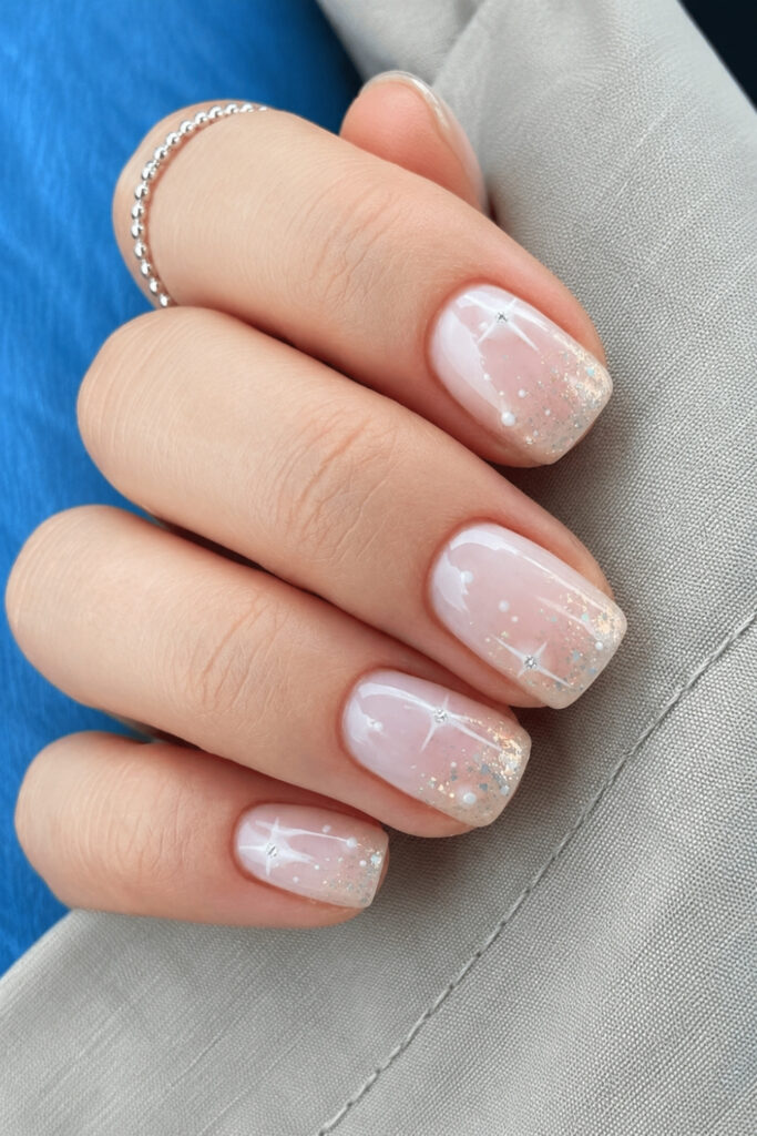 White nails with glitter and stars