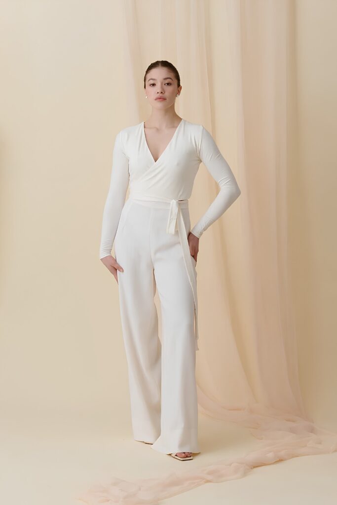 Wrap top with tailored trousers